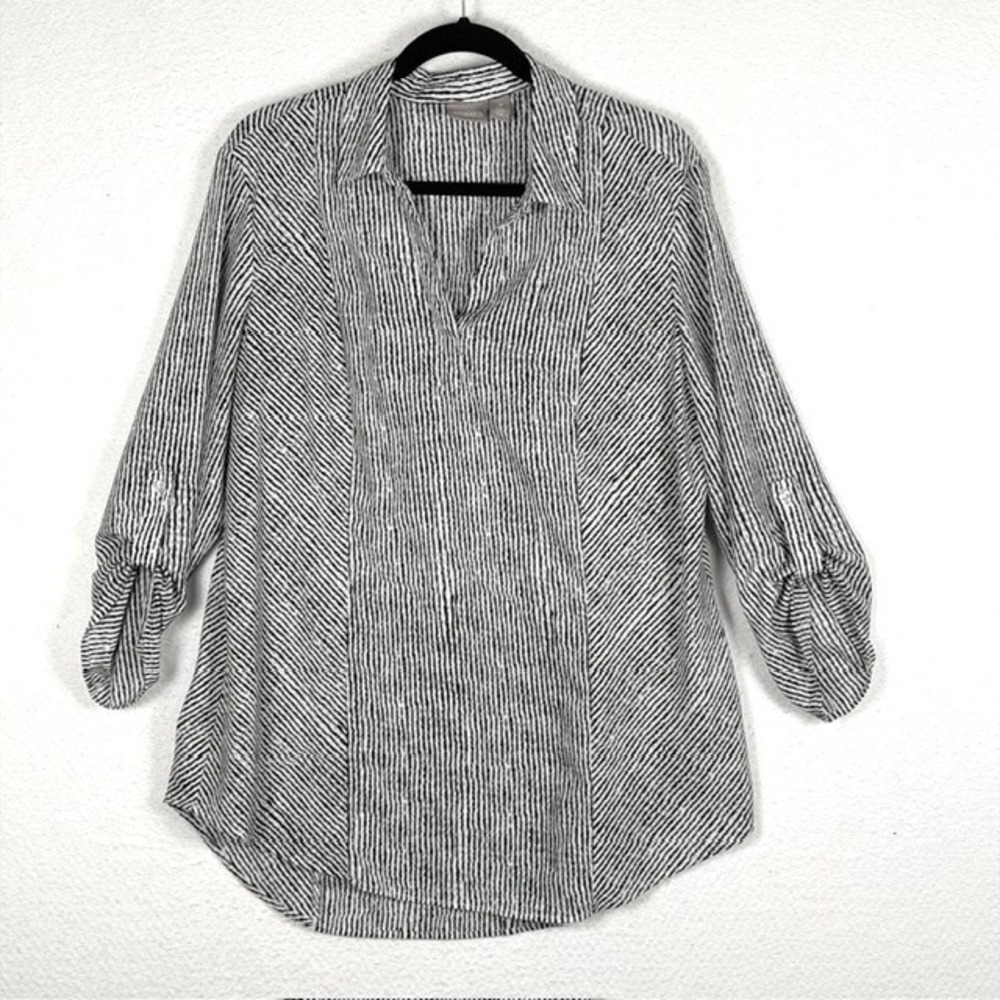 Chicos Black White Striped Seersucker Roll Tab Sleeve Tunic Top Blouse Size 2 L